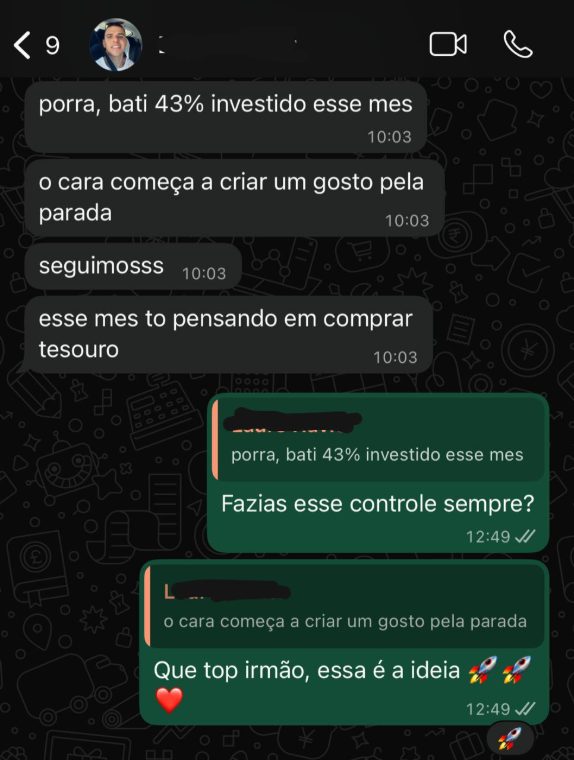 Aluno batendo 43% da renda investida no mês