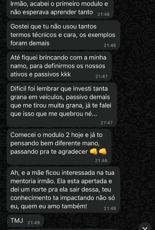 Aluno contando o que mudou depois do primeiro módulo